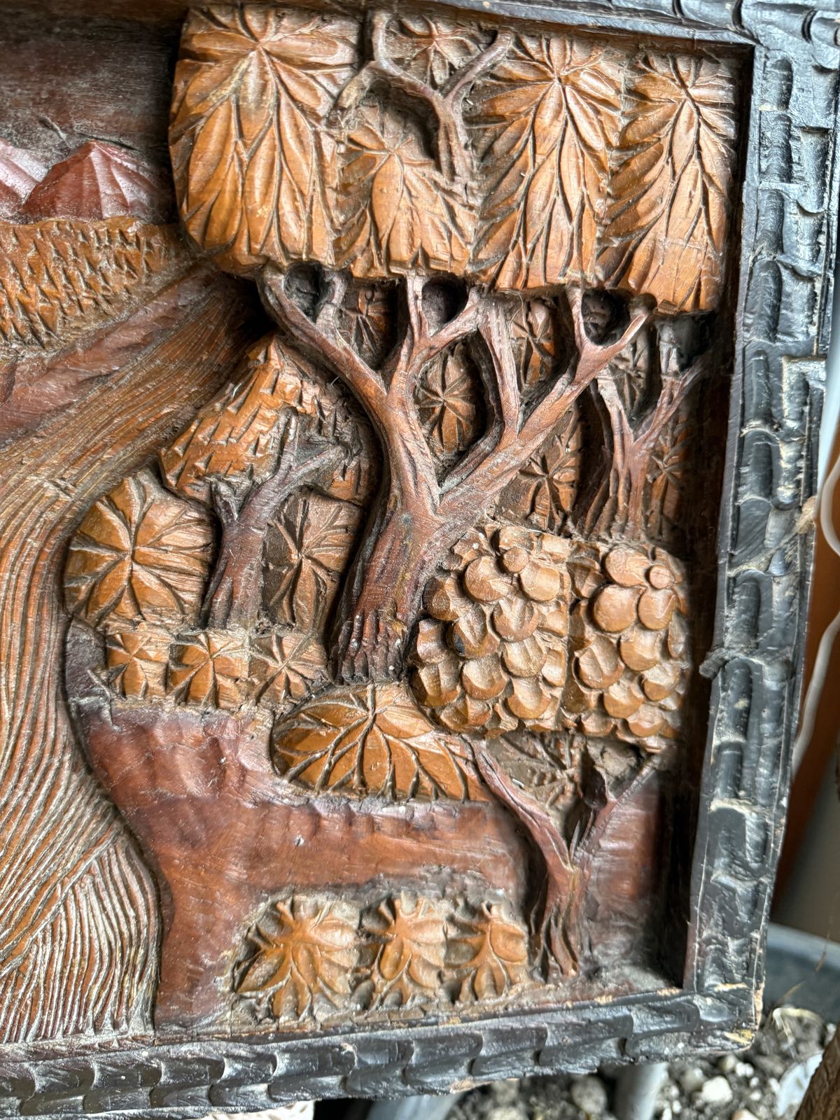 Vintage Hand Carved Wooden Elephant Jungle Scene Wall Panel – Hand Chiseled Wildlife Relief Art photo Art