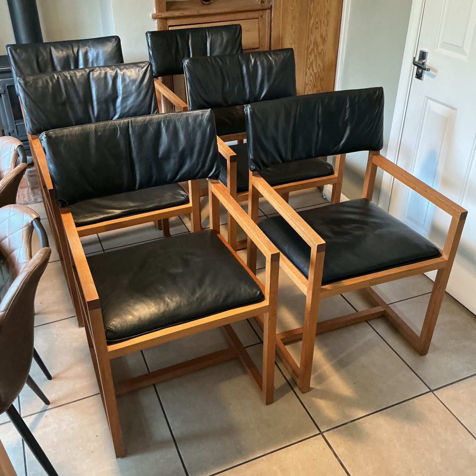 80’ 90’s Set Of 6 Oak And Black Leather Chairs photo furniture