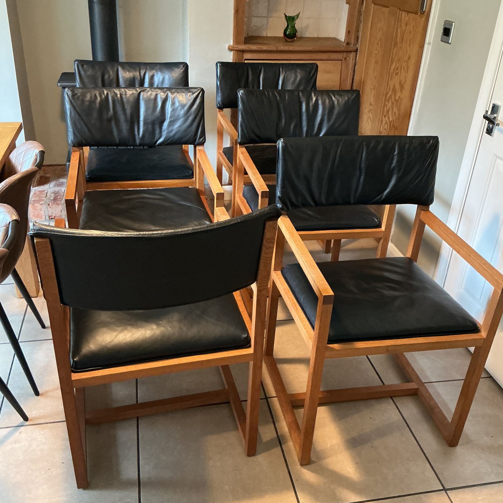 80’ 90’s Set Of 6 Oak And Black Leather Chairs