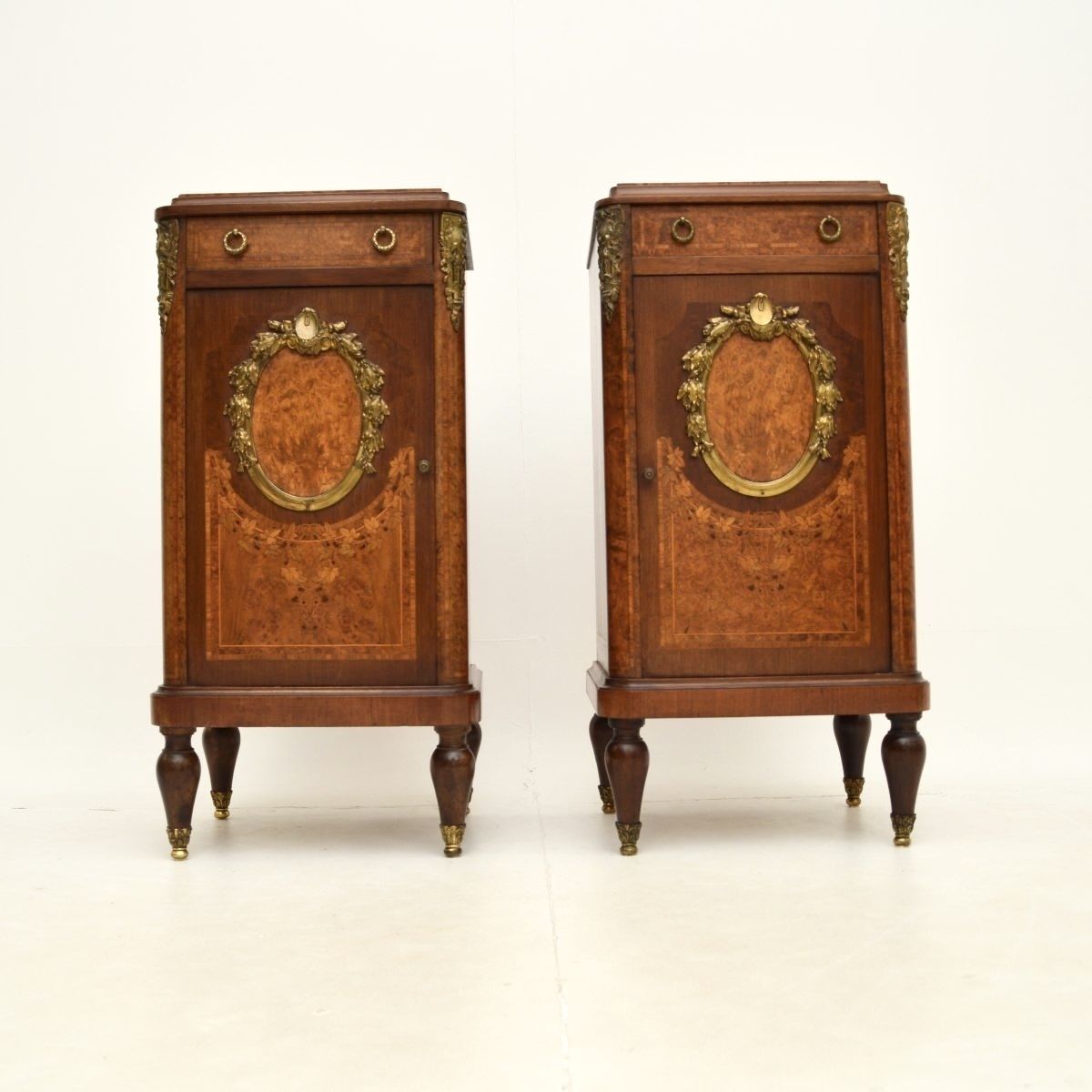 Pair Of Antique French Inlaid Walnut Marble Top Bedside Cabinets photo for sale