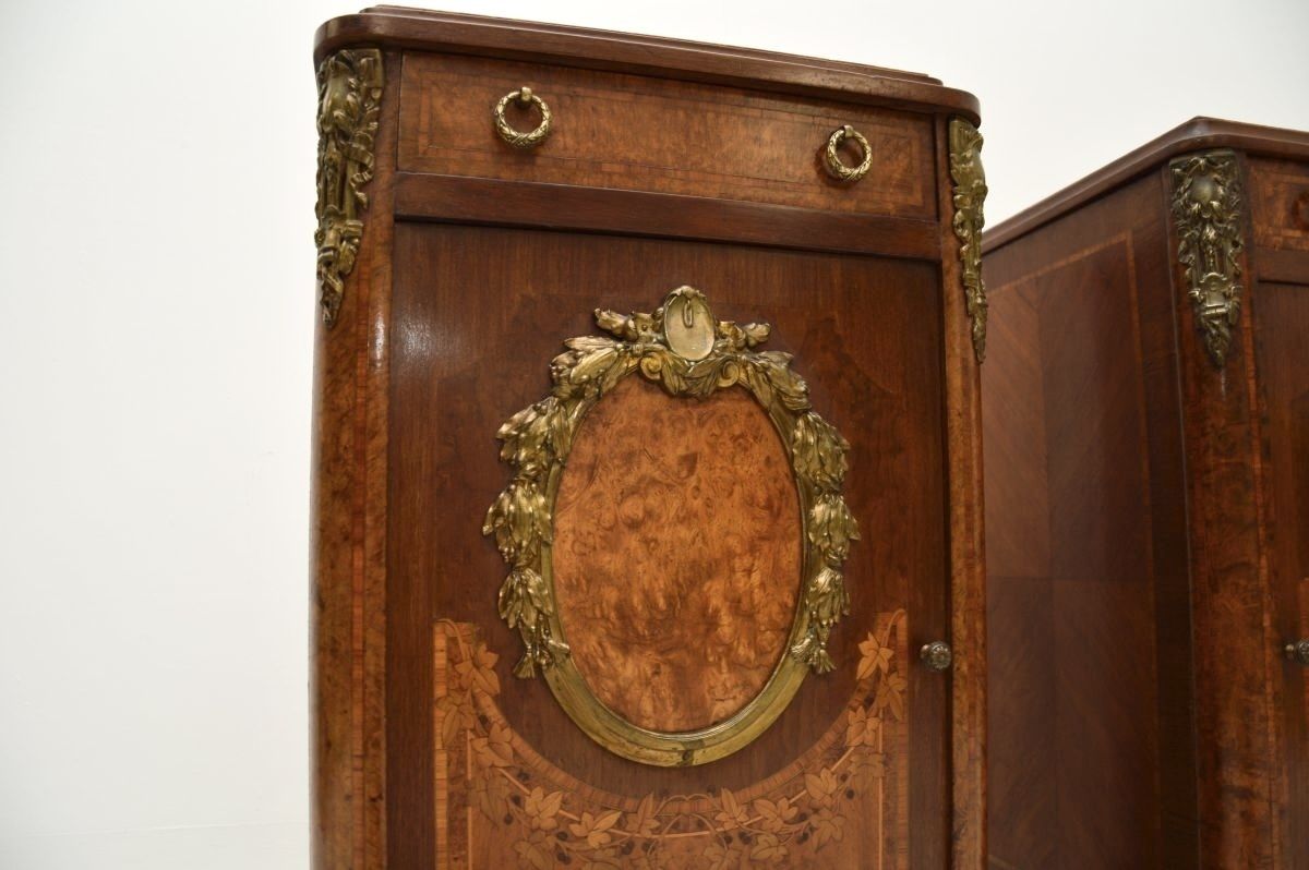 Pair Of Antique French Inlaid Walnut Marble Top Bedside Cabinets photo Furniture