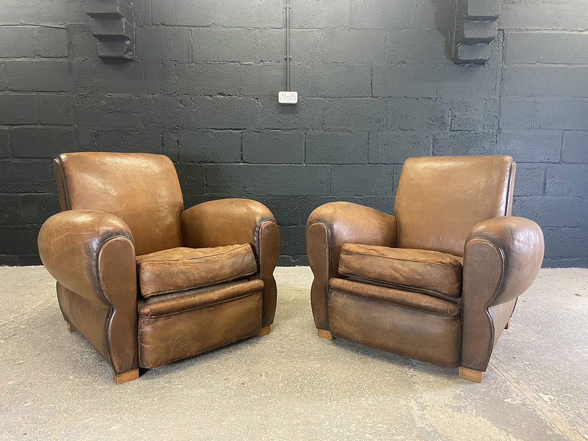 Pair Of Original French Vintage Leather Club Chairs photo furniture
