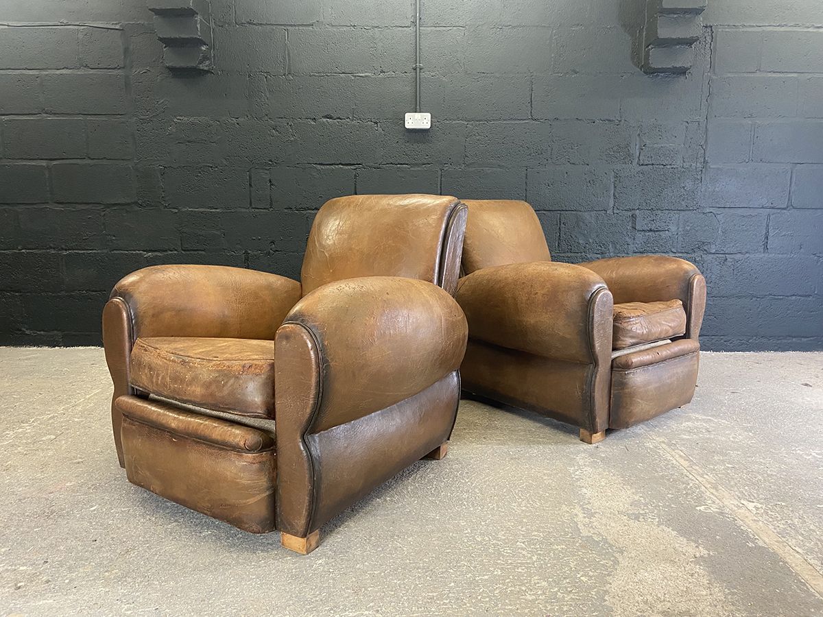 Pair Of Original French Vintage Leather Club Chairs photo Furniture