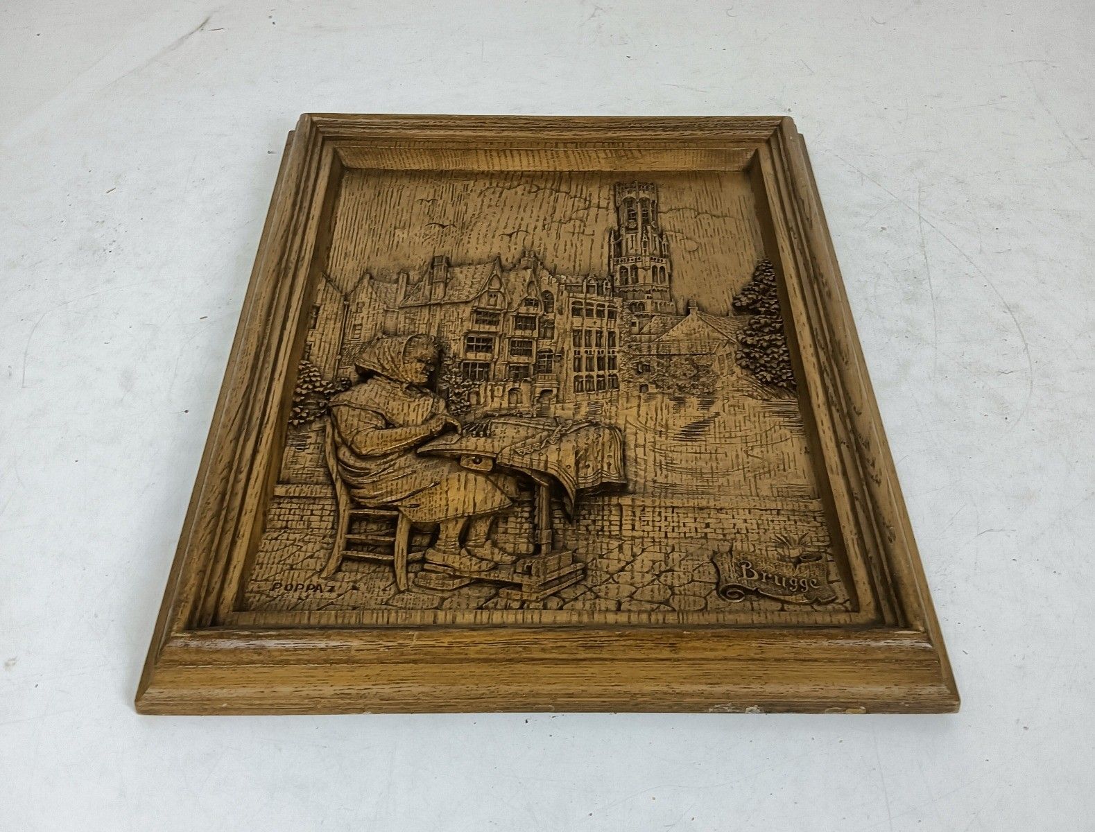 Vintage Wall Plaque Wood Resin Souvenir Bruges Lace Worker Bobbin Lace Signed photo for sale