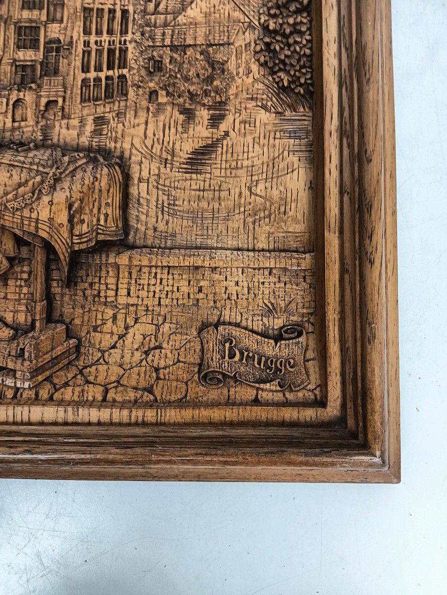 Vintage Wall Plaque Wood Resin Souvenir Bruges Lace Worker Bobbin Lace Signed photo Art