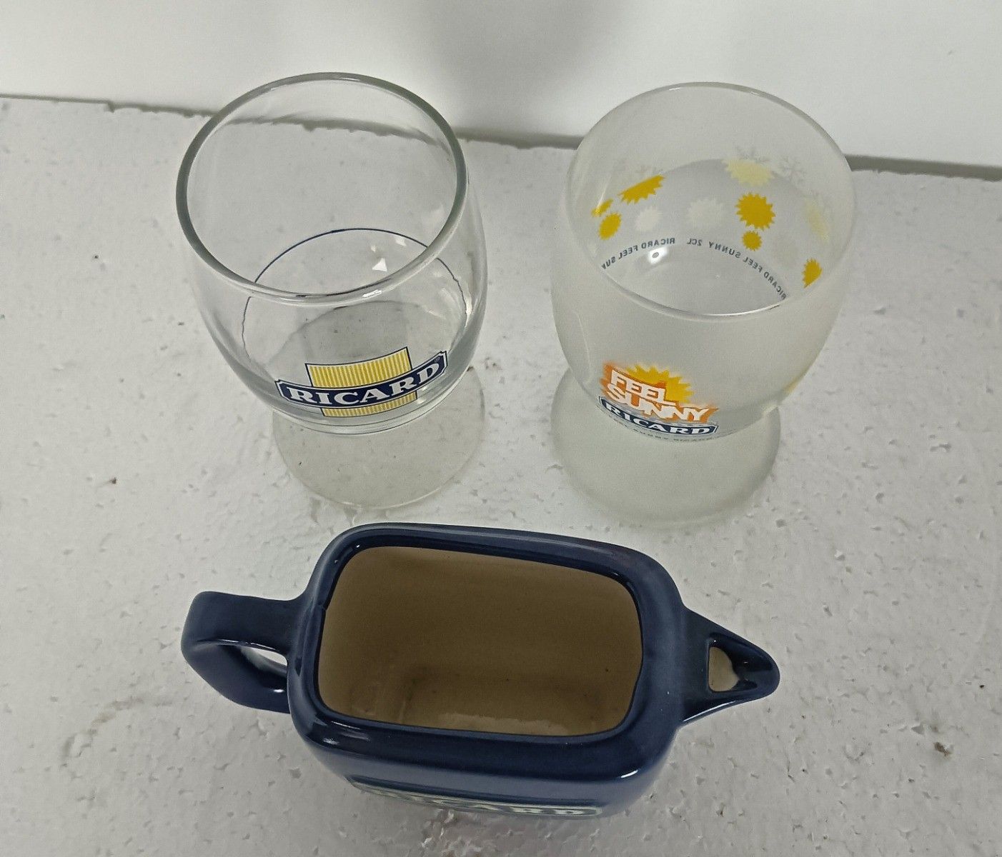 2 French Ricard Glasses  Plus Blue Jar Pastis Apero France Collector Htf photo for sale