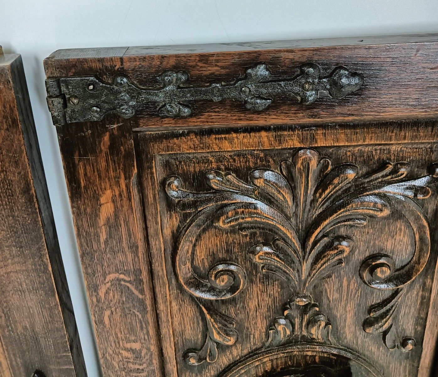 Pair Antique Carved Wood Door Panels Iron Trims Architectural Salvaged Reclaim photo vintage