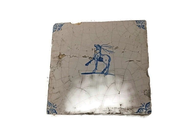 1800 Antique Delft Tile Dutch Decorative Candelabrum Deer Blue White Htf