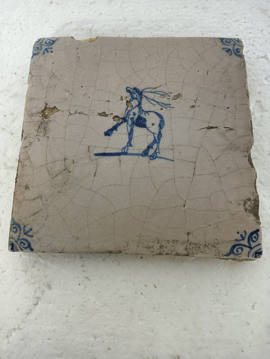 1800 Antique Delft Tile Dutch Decorative Candelabrum Deer Blue White Htf photo for sale