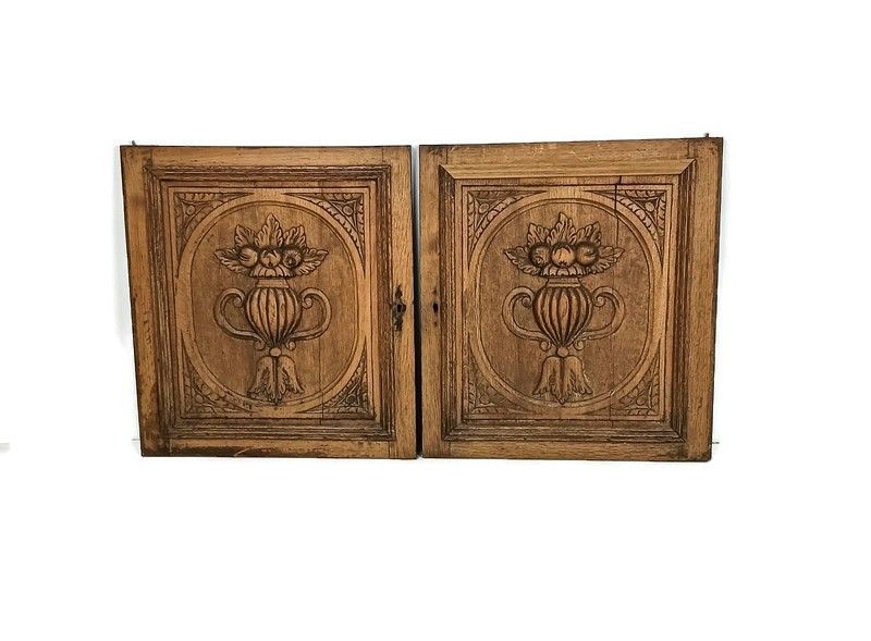 Pair Antique Hand Carved Wood Door Panels Fruit Baskets Reclaimed Architectural