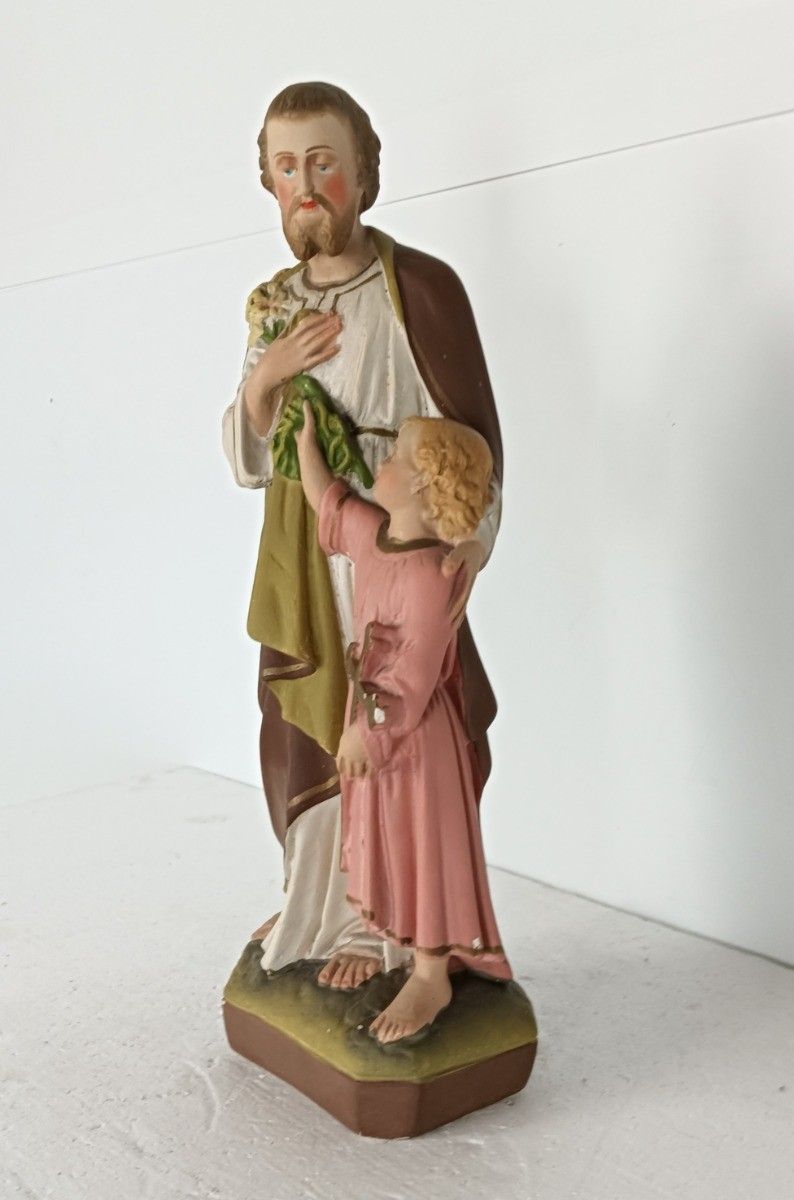 Statue Saint Joseph Protector Of Homes Infant Jesus Neo Gothic Antique Polychr photo furniture