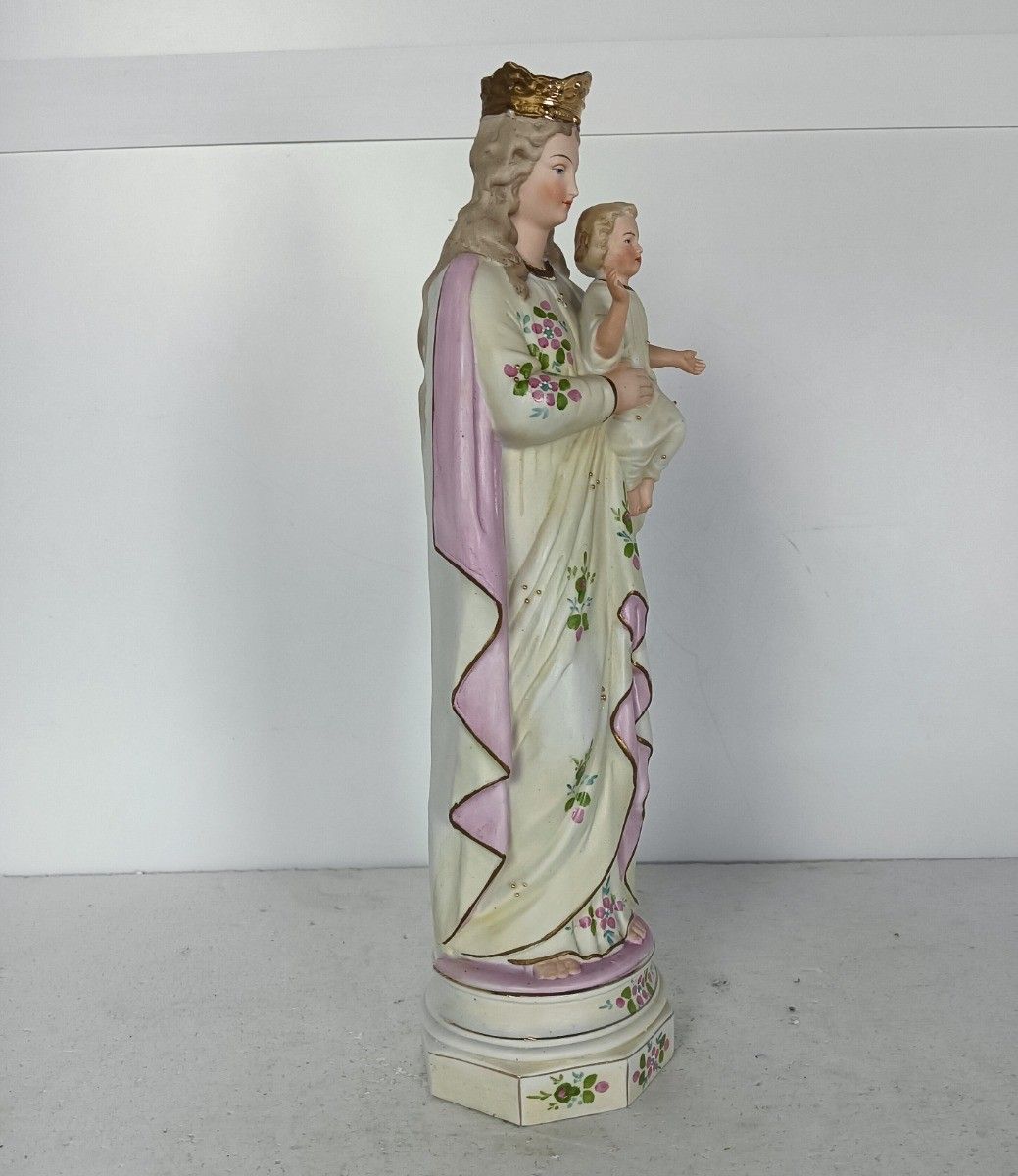 Antique Porcelain Bisque Statue Virgin Mary Our Lady Madonna With Infant Yellow photo 225.0