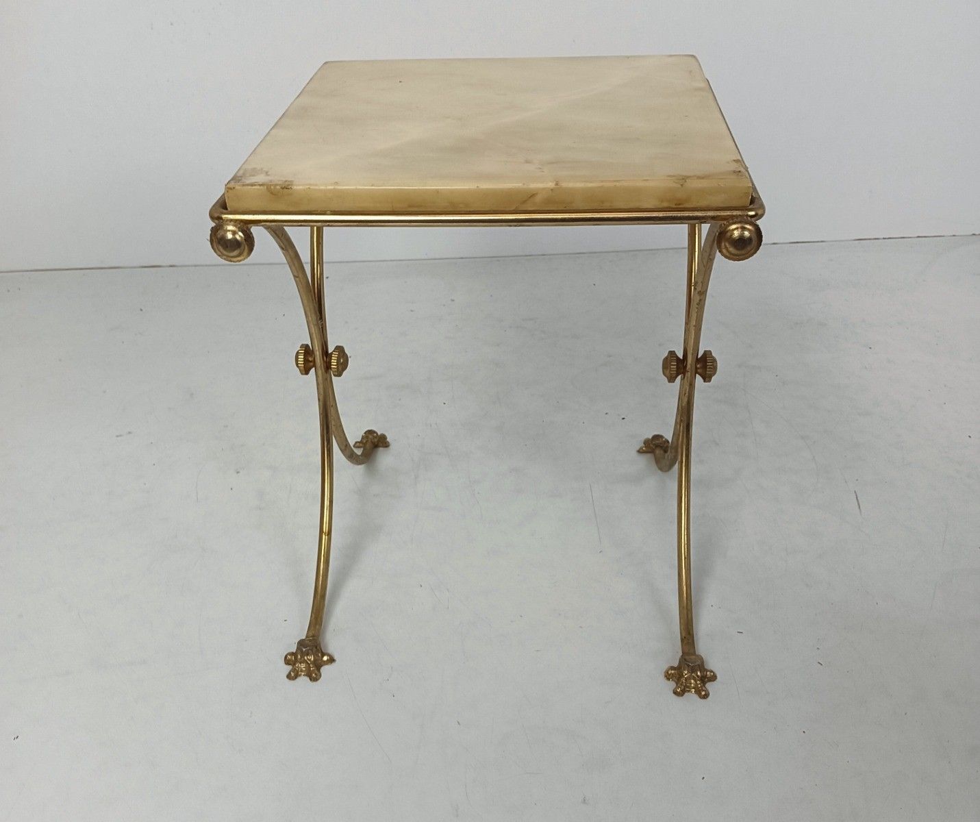 Small Brass Marble Pedestal Plant Stand Side End Table Hollywood Regency Vinta photo Furniture