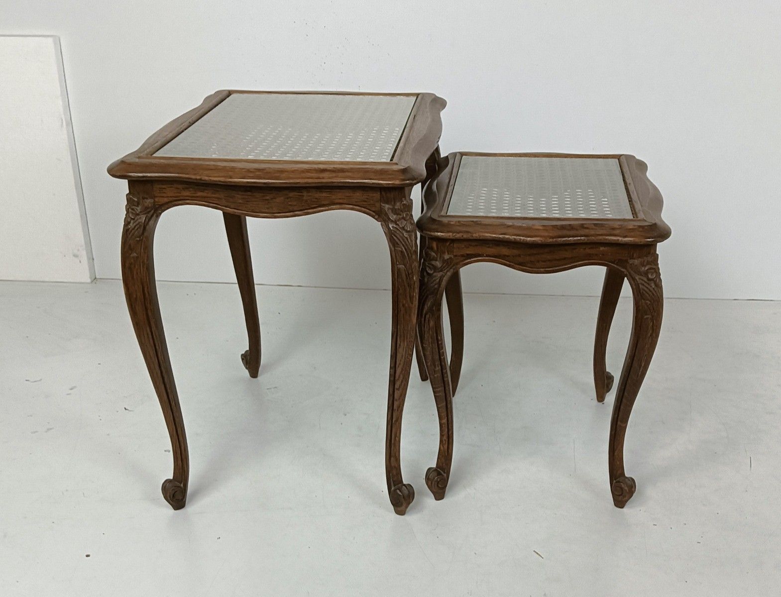 Vintage Set Of 2 Wooden Nesting Side Tables Cane Rush Glass Table Tops Louis XV photo Furniture