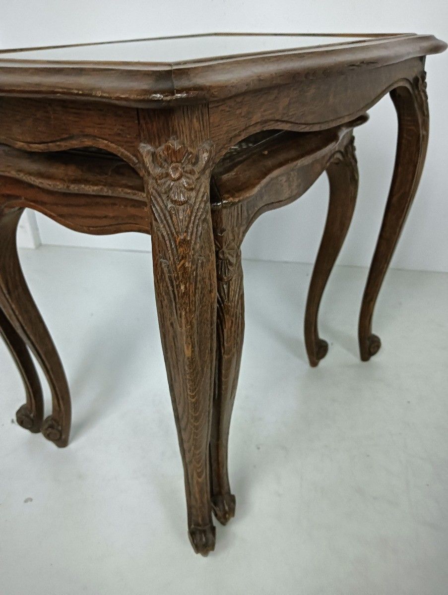 Vintage Set Of 2 Wooden Nesting Side Tables Cane Rush Glass Table Tops Louis XV photo vinterior
