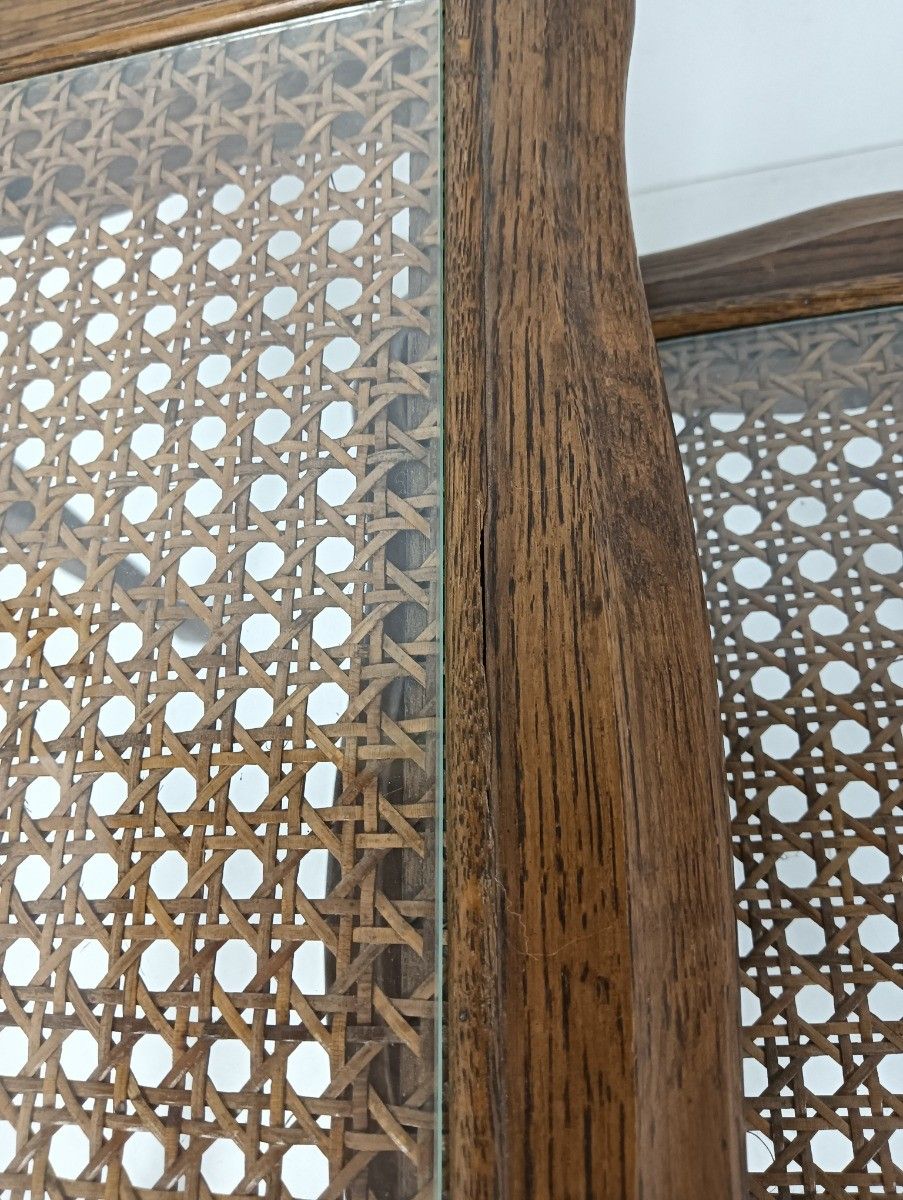 photo furniture Vintage Set Of 2 Wooden Nesting Side Tables Cane Rush Glass Table Tops Louis XV