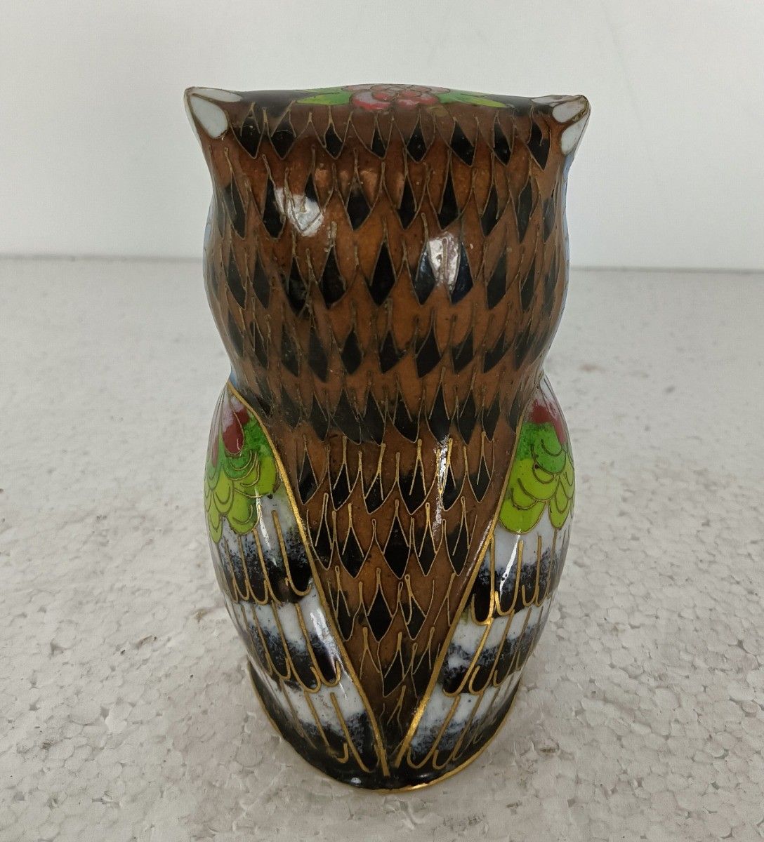 Vintage Small Figurine Chinese Cloisonne Owl Bird On Wooden Base photo vinterior