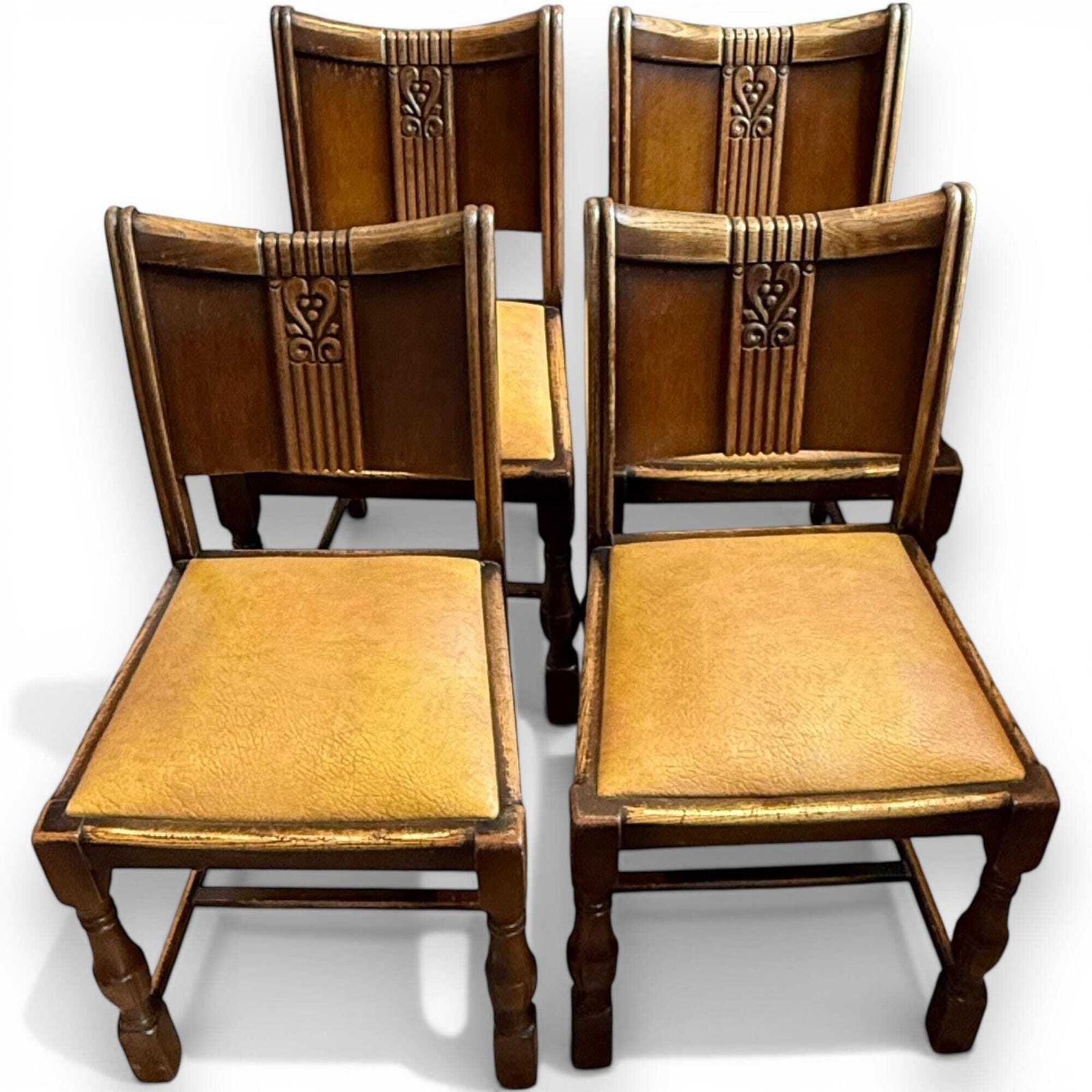 Set Of 4 Antique Art Deco Oak Dining Chairs With Upholstered Seats photo furniture