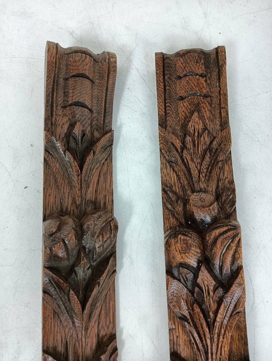 Pair Antique French Carved Oak Reclaimed Architectural Trim Pediment Salvaged Or photo 143.0