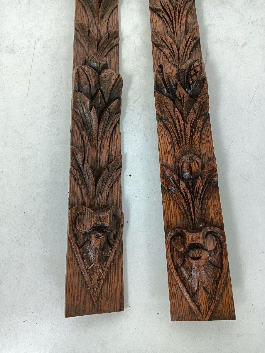 Pair Antique French Carved Oak Reclaimed Architectural Trim Pediment Salvaged Or photo vinterior