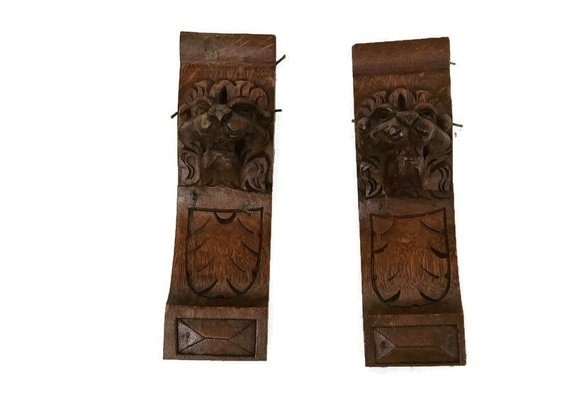 Large Antique Couple Corbels Hand Carved Wood Architectural Reclaimed Lion Heads
