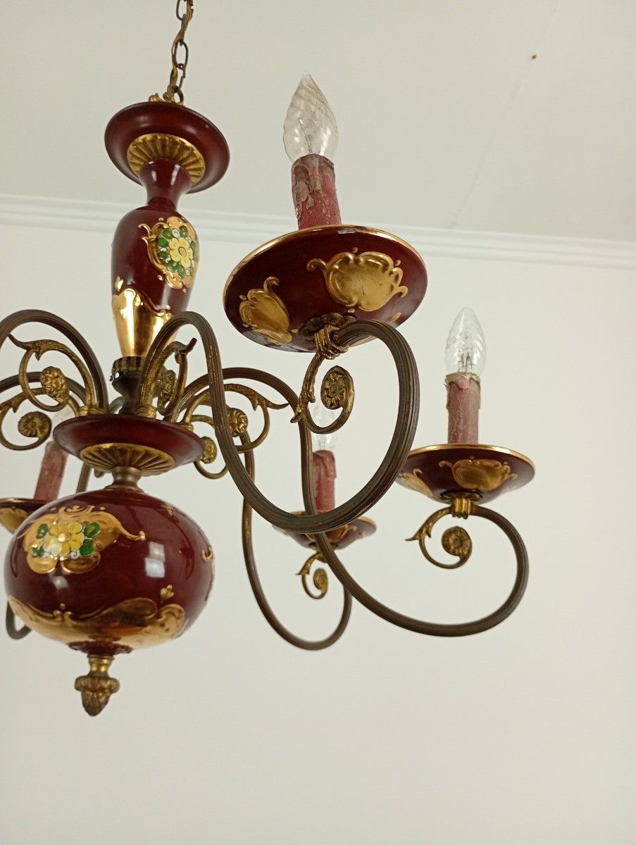 Chandelier 6 Arms Lights Porcelain Tole Bordeaux Gold  Italian Vintage Beautif photo for sale
