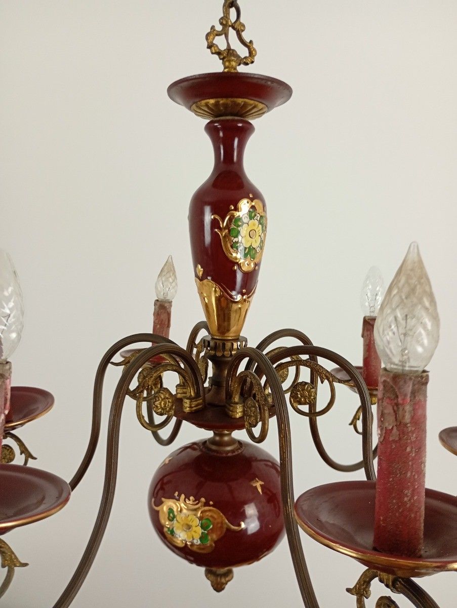Chandelier 6 Arms Lights Porcelain Tole Bordeaux Gold  Italian Vintage Beautif photo buy