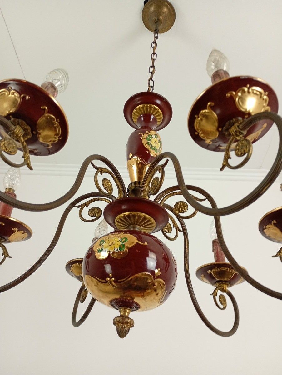 photo for sale Chandelier 6 Arms Lights Porcelain Tole Bordeaux Gold  Italian Vintage Beautif