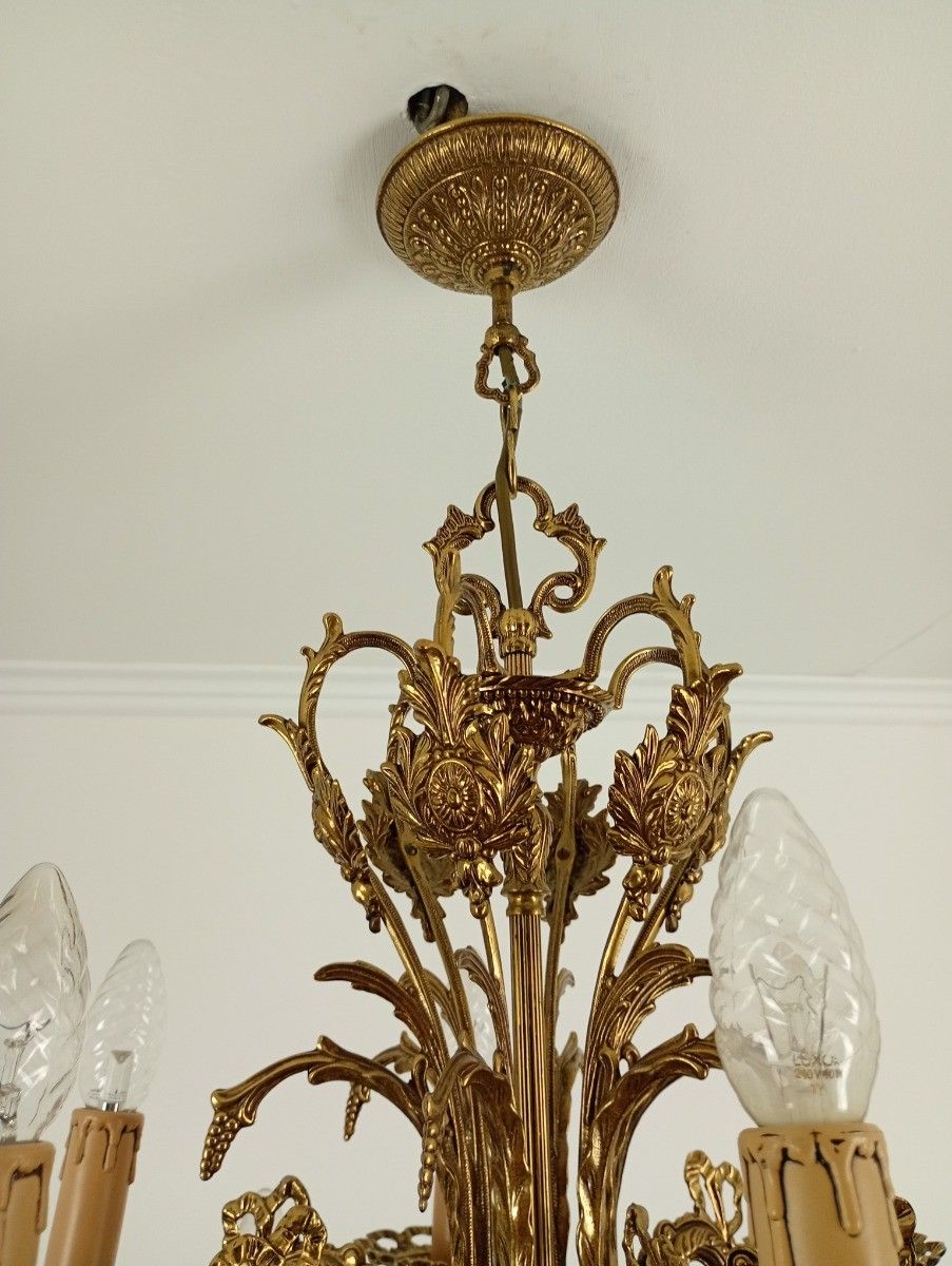 Vintage Spanish Revival Chandelier 12 Arm Lights Brass Gorgeous Ornate Ceiling F photo for sale