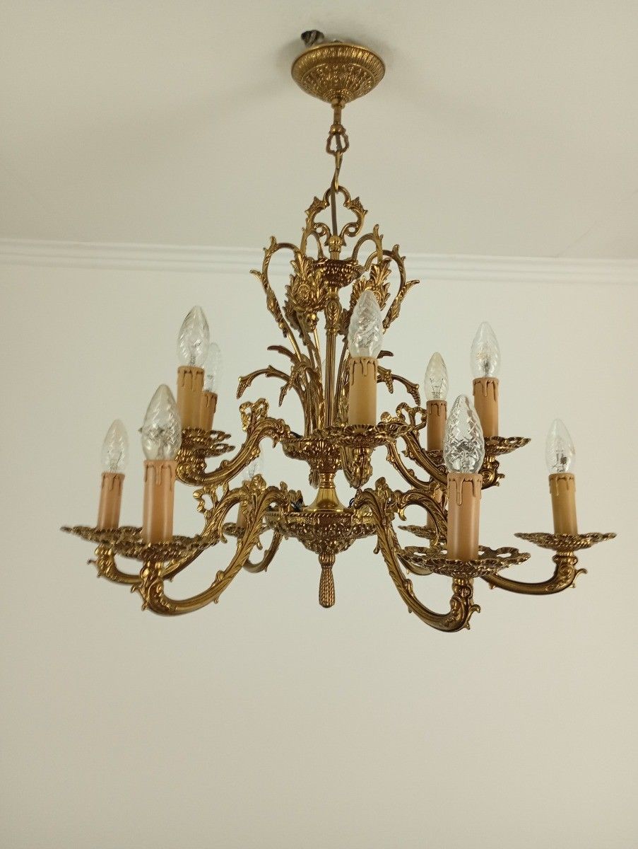 Vintage Spanish Revival Chandelier 12 Arm Lights Brass Gorgeous Ornate Ceiling F photo vintage