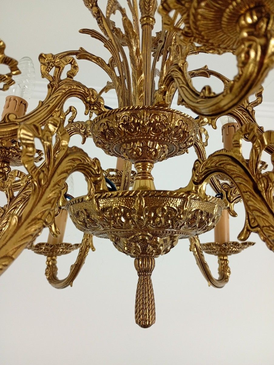 photo for sale Vintage Spanish Revival Chandelier 12 Arm Lights Brass Gorgeous Ornate Ceiling F