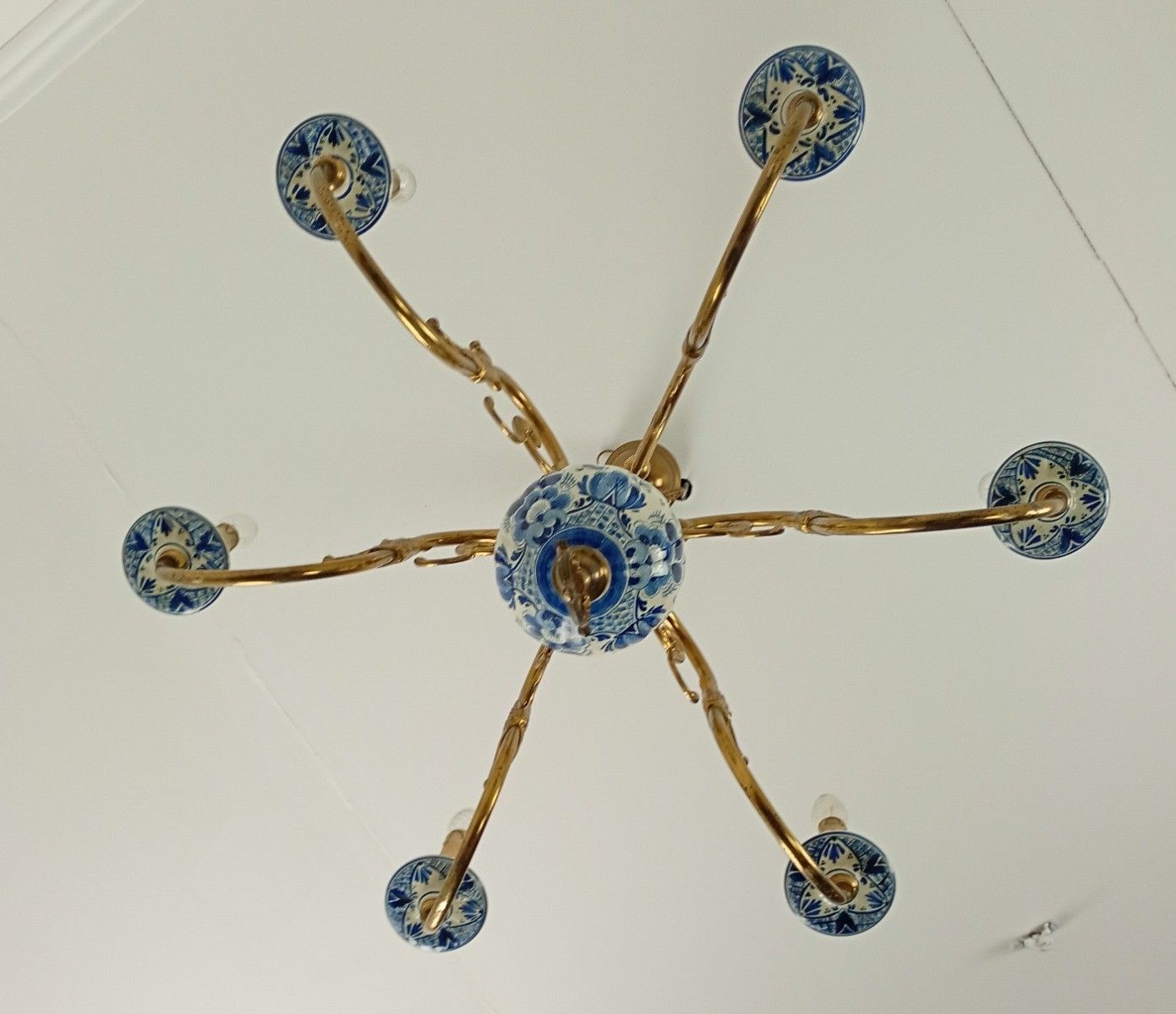 6 Arm Lights Delft Blue White Chandelier Eagles Fish Hand Painted Brass Ornate F photo Lighting