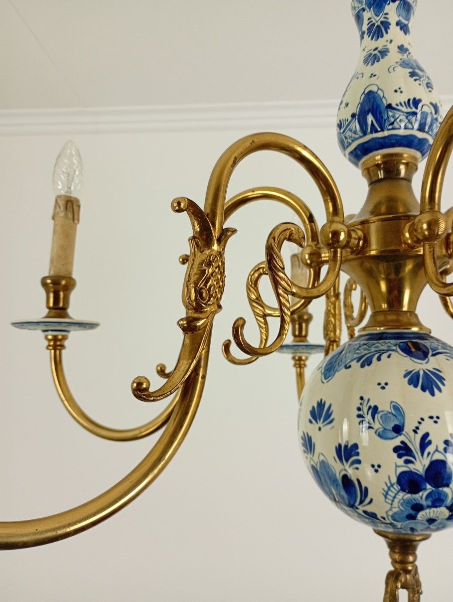 6 Arm Lights Delft Blue White Chandelier Eagles Fish Hand Painted Brass Ornate F photo 894.0