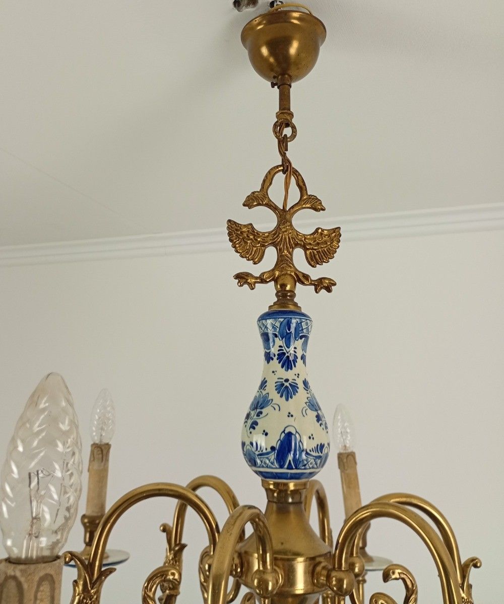 6 Arm Lights Delft Blue White Chandelier Eagles Fish Hand Painted Brass Ornate F photo vinterior