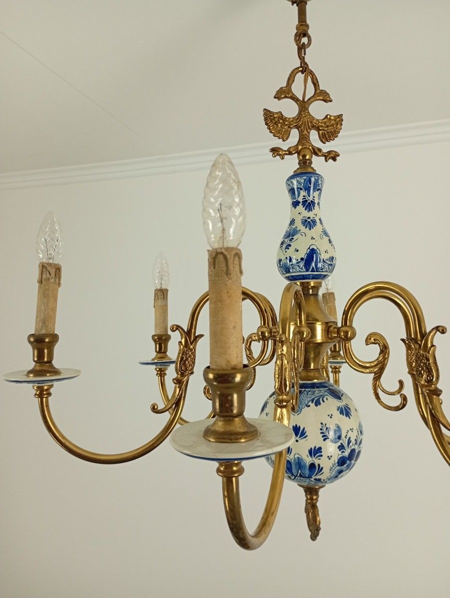 photo vinterior 6 Arm Lights Delft Blue White Chandelier Eagles Fish Hand Painted Brass Ornate F