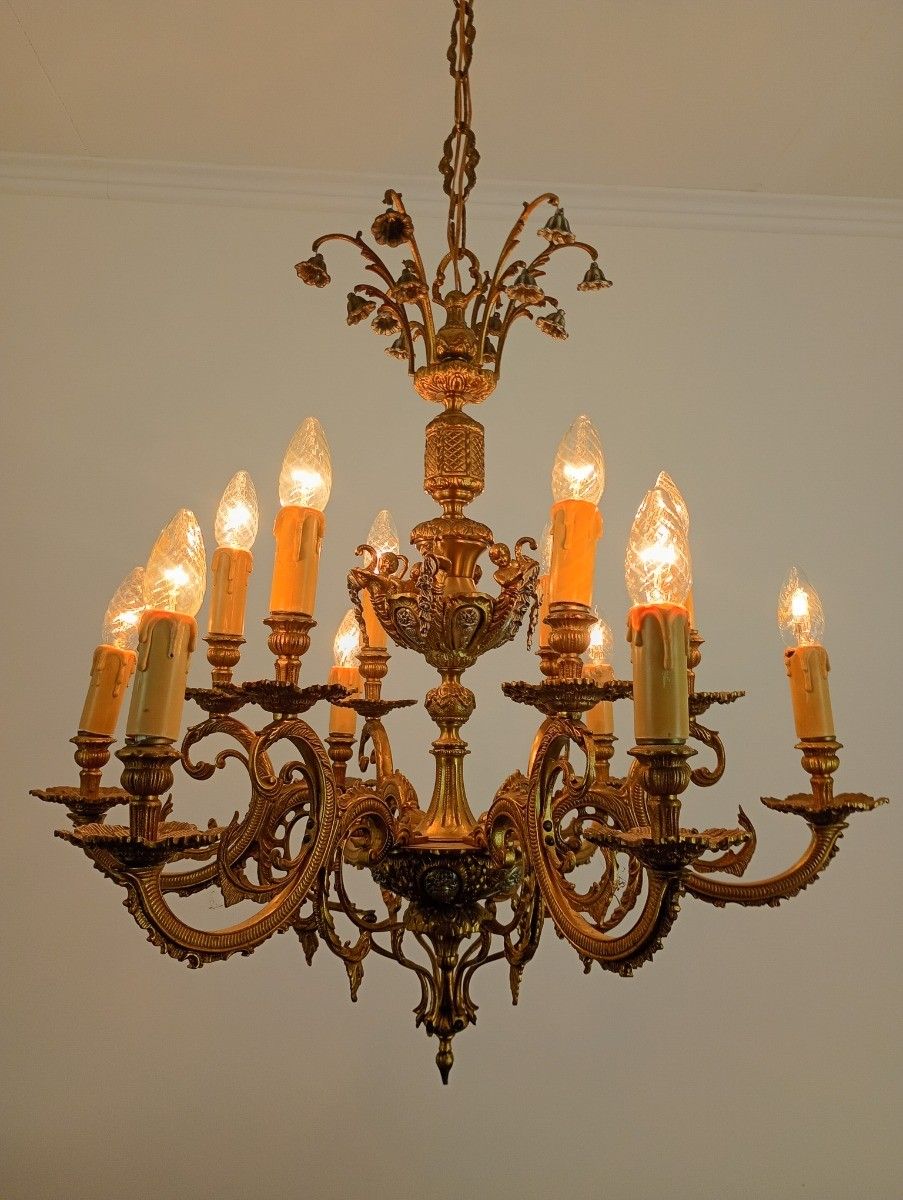 Gorgeous Spanish Revival Brass Chandelier Putti Bell Flowers 12 Arm Lights Vinta