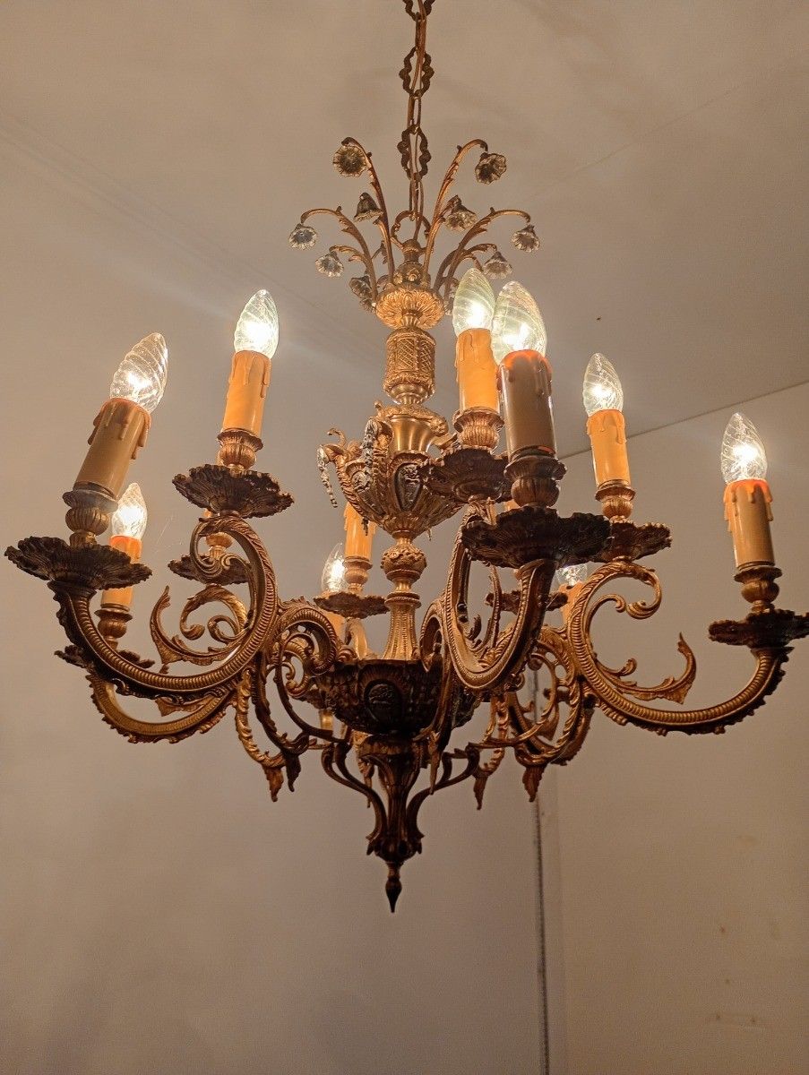 Gorgeous Spanish Revival Brass Chandelier Putti Bell Flowers 12 Arm Lights Vinta photo vintage