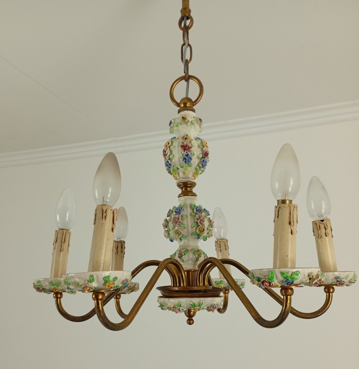 Italian Chandelier Porcelain Lots Of 3d Flowers Romantic Capodimonte Style  Vint photo buy