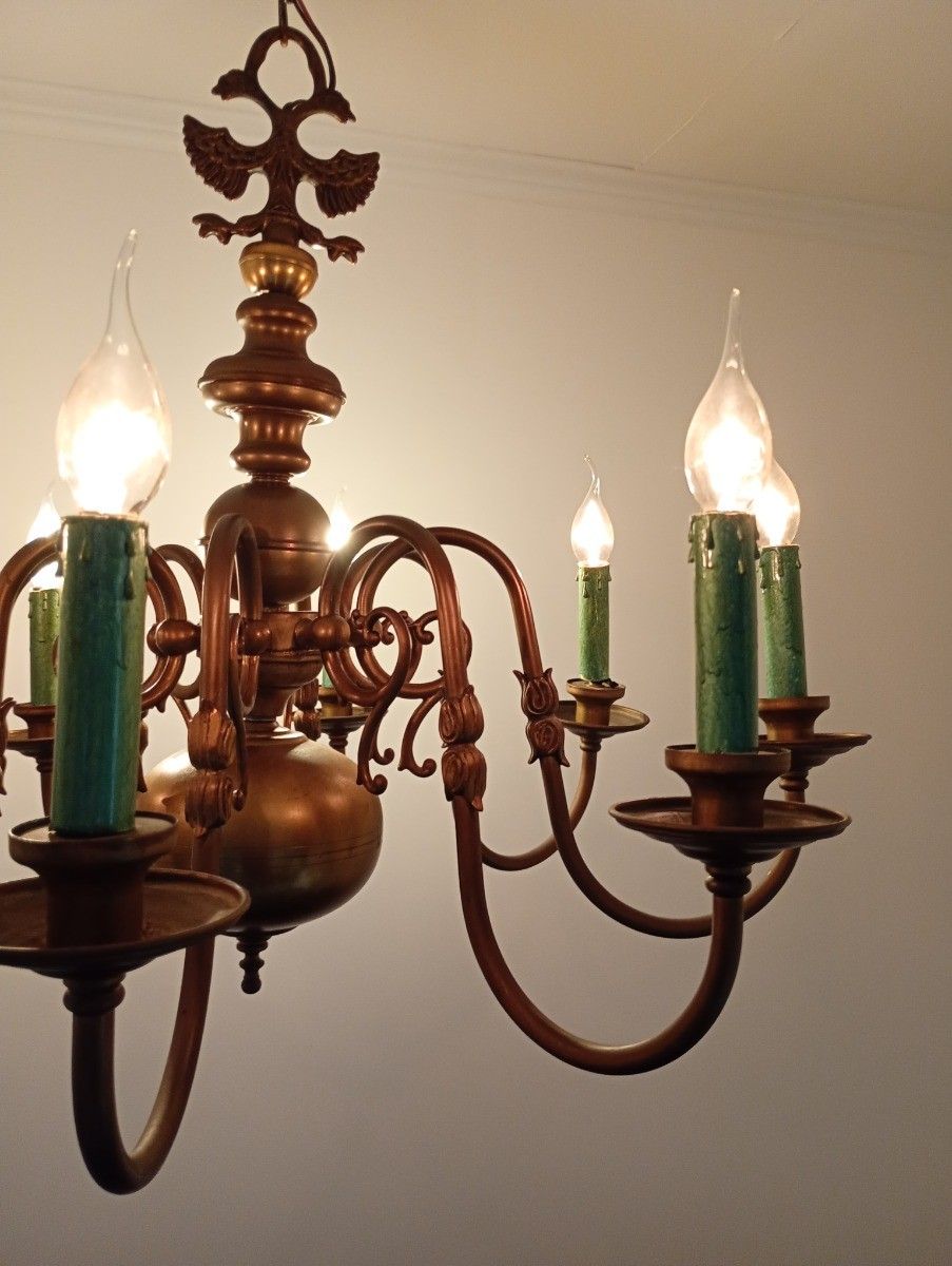 671.0 Flemish Dutch  Chandelier 8 Arms Lights Brass  Eagles Vintage Barn Farmhouse Sty photo