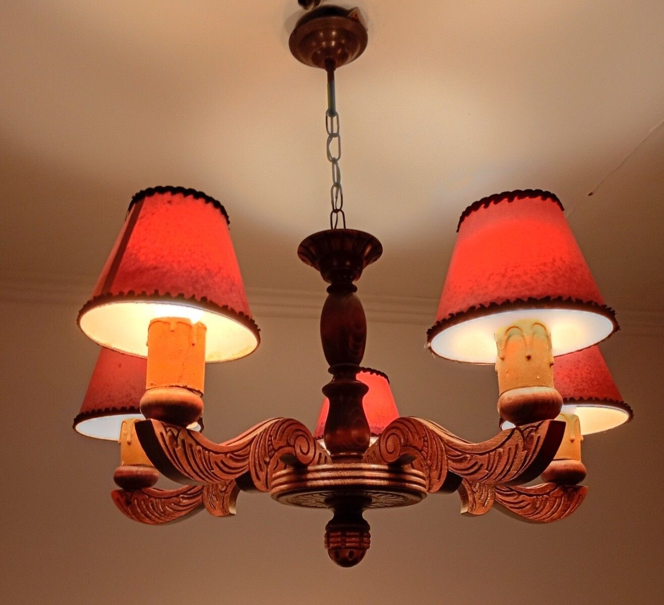 492.0 Gorgeous Carved Wooden Wood Chandelier Vintage 5 Lights Fixture Farmhouse Style photo