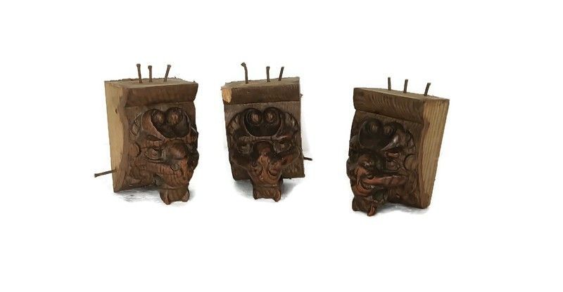 Set Of 3 Corbels Hand Carved Wood Architectural Reclaimed Lion Heads Trims Antiq