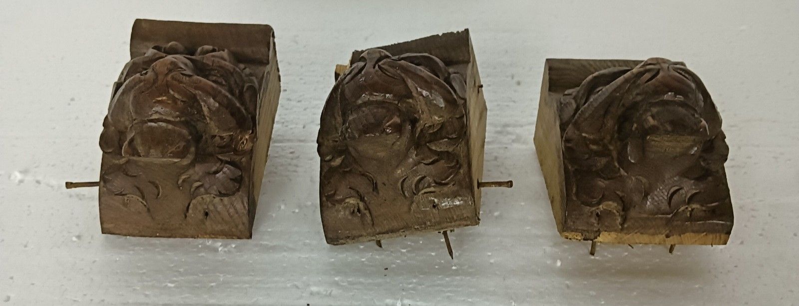 Set Of 3 Corbels Hand Carved Wood Architectural Reclaimed Lion Heads Trims Antiq photo for sale