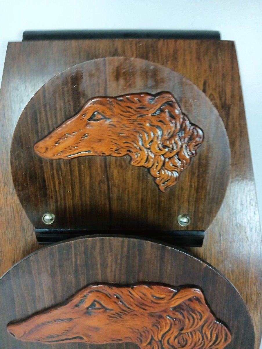 Art Deco Wood Magazine Newspaper Basket Rack Wall Mount Hanging Dogs Hound photo Home Decor
