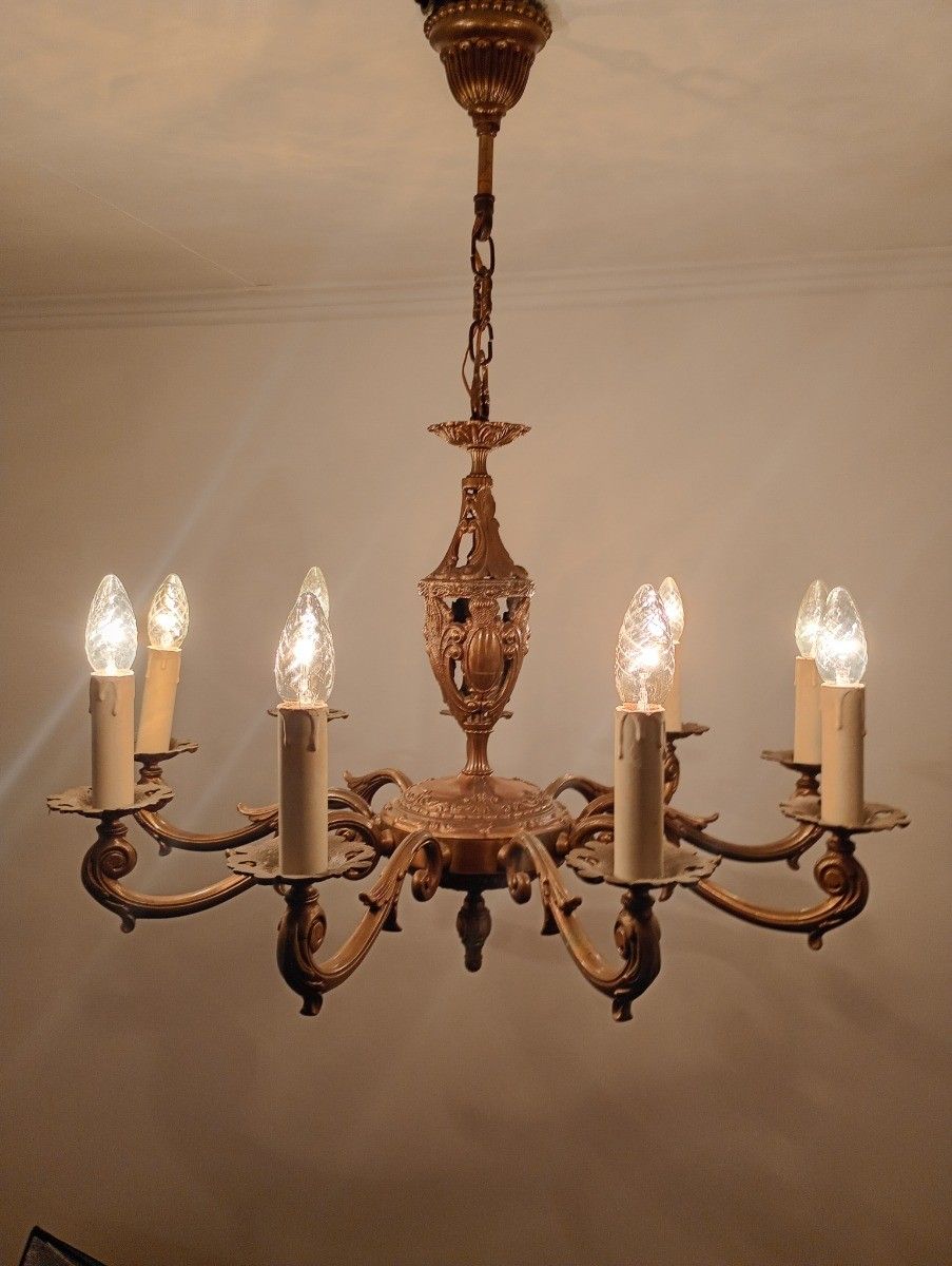 photo for sale Gorgeous Spanish Revival Brass Chandelier 9 Arm Lights Vintage Ornate Ceiling Fi