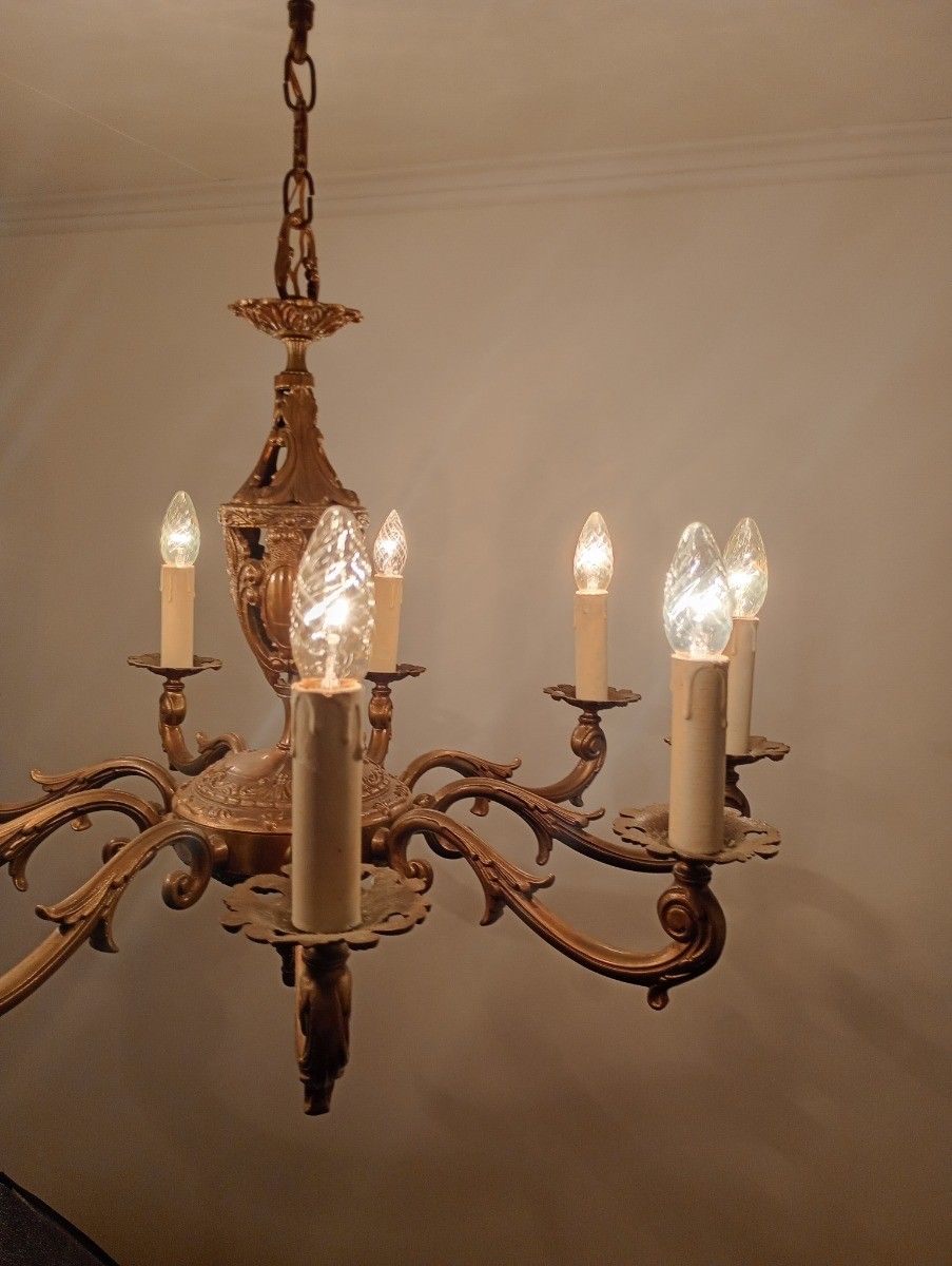 806.0 Gorgeous Spanish Revival Brass Chandelier 9 Arm Lights Vintage Ornate Ceiling Fi photo