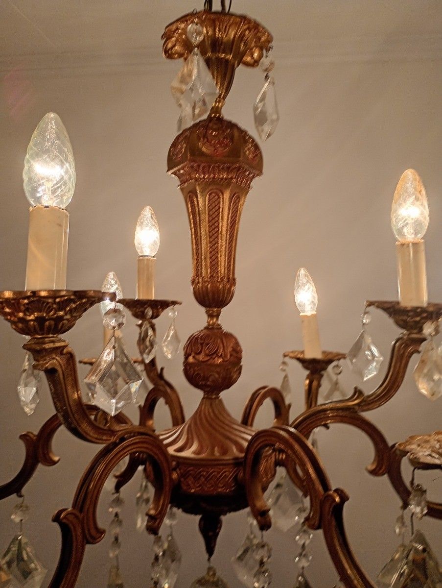 photo furniture Beautiful Spanish Revival Chandelier 9 Arm Brass Crystal Prisms Vintage