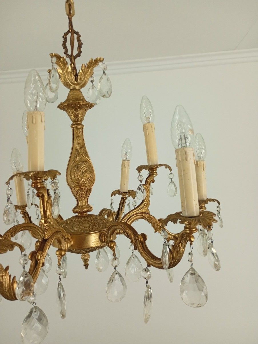 photo vinterior Lovely Vintage Chandelier French Hollywood Regency Style Brass Art Glass Prisms