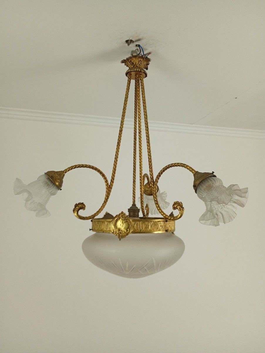 Antique Art Deco Chandelier French Brass & Etched Glass, 1920s Lighting 3 Arm 4 photo furniture
