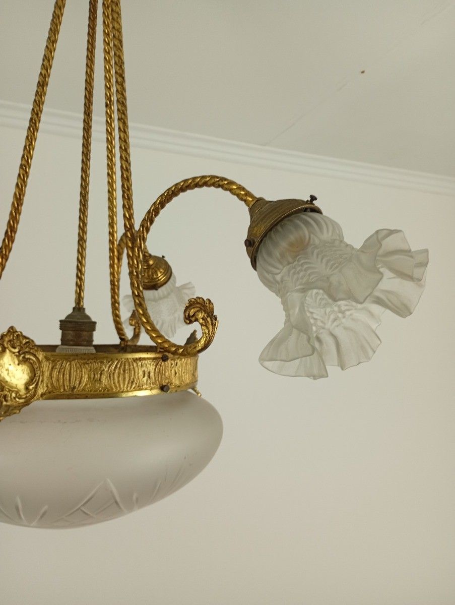 Antique Art Deco Chandelier French Brass & Etched Glass, 1920s Lighting 3 Arm 4 photo Lighting