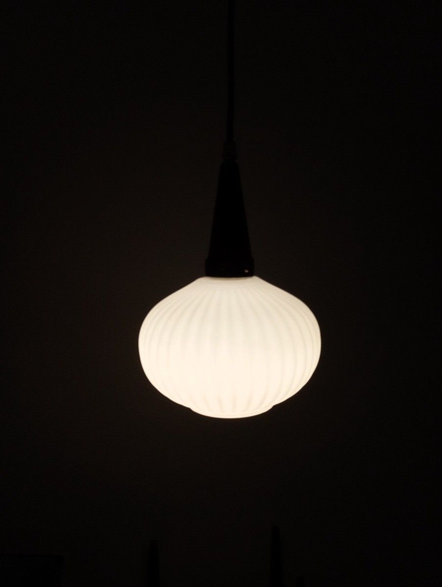 Danish Modernist Chandelier Pendant Teak  Opaline Glass Atomic Louis Kalff  Fixt photo 268.0
